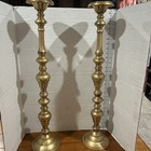 Set Of 2 Vtg  Antique Lg Brass Candle Holders Floor Standing Round Base 29 5    