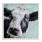 Gentle Farm Cow Painting On Blue  Design By Main Line 12l  X 12w  White Framed