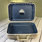 Vintage White Hardshell Vanity train Case Blue Quilted Interior Lining W mirror 