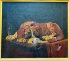 Antique 18th 19th Century Folk Art Oil Painting St Bernard Dog Signed A  Fowles