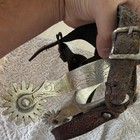 Crockett Engraved Spur Rowel Riding Boot Spurs W  Leather Straps  Pair