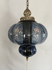 Blue Vintage Mcm Mid Century Modern Hanging Swag Lamp Light Applied Flowers