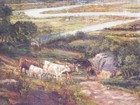 Large Antique 19th Century Pastoral Landscape Oil Painting Cattle Mountain Lake