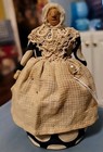 Pincushion Carved Wood Lady Head Painted Face Orig Handmade Clothes Rare 6 1 2 