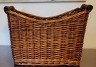 Vintage Wicker Rattan Magazine  Storage Basket With Wood Handles 
