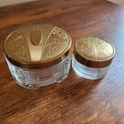 Vintage Art Deco Glass Vanity Jar Set Brass Floral Embossed Lids 2pc