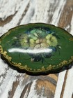 Vtg Floral Hand Painted Black Lacquered Wood Russian Brooch  Signed