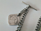 Antique Pocket Watch Chain Albo Silver Albert T Bar   Dog Clip   1918 Coin Fob