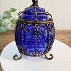 Vintage Cobalt Blue Caged Bubble Glass Lidded Casket   Box   Apothecary