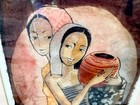 Signed Long-looi Lee Original Print Framed Batik Fabric Art Ink Women Painting