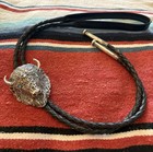 Buffalo Head Bolo Tie-solid Cast Silver With Turquoise Eyes