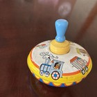 Vintage Ohio Art Tin Spinning Toy Top Circus Theme Blue Wood Handle Works  1950s