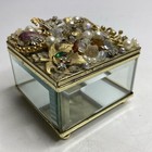 Vintage Beveled Glass Casket Trinket Jewelry Box Bejeweled Square Footed Handmad