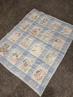 Vintage Embroidered Baby Crib Quilt Unisex Animal Print 1950s Blue White 52x41