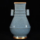 9 1  China Old Vintage Porcelain Song Ru Kiln Marked Gilt Ear Piercing Vase