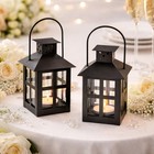 Mini Lantern Tea Light Holder Black Metal Glass 7in X 3in Wedding Decor