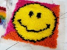 Vtg Completed Happy Face Rainbow Latch Hook Wall Hanging  Mat  Pillow Covr 12 sq