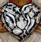 Heart Gold Wings Silver Tone Milagros Miracle Wood Handmade Mexico Folk Art Love