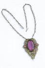 Antique Art Deco Filigree Necklace Amethyst Glass Stone Silver  Lavalier Pendant