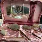 Vtg  Vanity Dresser Set Brush  Comb  Mirror  Jar  Perfume Bottle   Storage Case