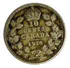 1918 Canada 10c Ten Cents Silver Coin Dime