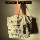 Women s Canvas Tote Bag  life Is Better In Flip Flops  With Pink Handles