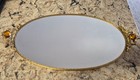 Hollywood Regency 21  Oval Mirror Tray Ormolu Gold Gilt Amber Glass Handles Euc