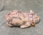 Pre Owned Beautiful Floral Pattern Ceramic White Kitty Cat W giant Lily Statue