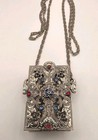 Victorian Revival Silver Plate Box Purse Blue red Glass Vinaigrette Necklace