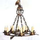 Pair Large Antique Medieval Style Gilt Forged Iron 12-light Chandeliers C  1900
