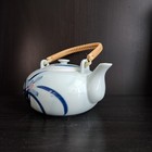 Vintage Japanese Ceramic Teapot   5    Blue Floral   Bamboo Handle   Asian Decor