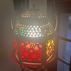 Vintage Moroccan Brass Hanging Lantern - 14  Pierced Metal   Colored Glass Lamp