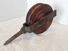 Vintage Screw Pulley Barn Find Rustic Rusty Cast Iron W wooden Wheel 4      Nice