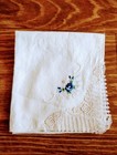 Vintage Estate Linen Handkerchief With Embroidered Blue Flower   Tatted Edge 