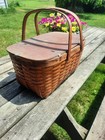 Vintage All-wood Picnic Basket Large Hinged Lid Swing Handles Rustic Farmhouse