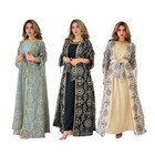 Islamic Women Embroidery Kaftan Open Long Dress Abaya Kimono Robe 2 Piece Set
