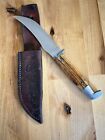 Vtg Queen Steel Fixed Blade Knife Jigged Bone Handles Queen Leather Sheath 9 5   