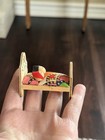 Vtg Miniature Folk Art Bed Attached Doll Figures Wood Dollhouse Small Painted