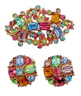 Rare Vintage Claudette Signed Pastel Crystal Rhinestone Brooch Earrings Set