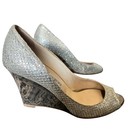 Jimmy Choo London Silver Glitter Peep Toe Wedge Heels Shoes Size 38