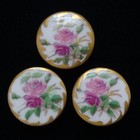 Victorian Stud Button Set Of 3 Hand Painted Porcelain Red Pink Roses Gold Gilt
