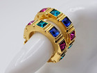 Vtg Clip Earrings Signed Swarovski Multi Colored Hoop Pink Blue Green 1980s Chic