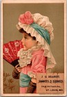 1880s J G Brandt Boots   Shoes St Louis Mo Cute Girl Fan Hat Trade Card