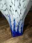 Vtg Hand Blown Glass Vase  Blue   White Ruffled Handkerchief Vase 9   