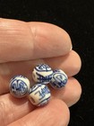 Lot Of 4x Beads Vintage Painted Blue   White Porcelain Chinese Round Shou 8mm