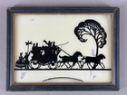 Silhouette Lot 2 Horse Equestrian Carriage Reverse Painted Convex Glass Vintage