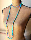 1920s Art Deco Czech Turquoise Glass Bead   Brass Necklace 56  Flapper Strand