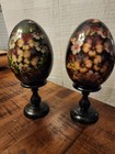 Vintage Russian Hand Painted Black Lacquer Wooden Eggs On Stand  2 