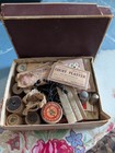 Antique 1920s Junk Drawer Lot Sewing Wood Spools Marshalls Apothecary Dr Miles