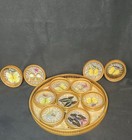 Vintage 70   s Round Bamboo Wood Butterfly Coaster Set W  Tray And Extra Coasters 